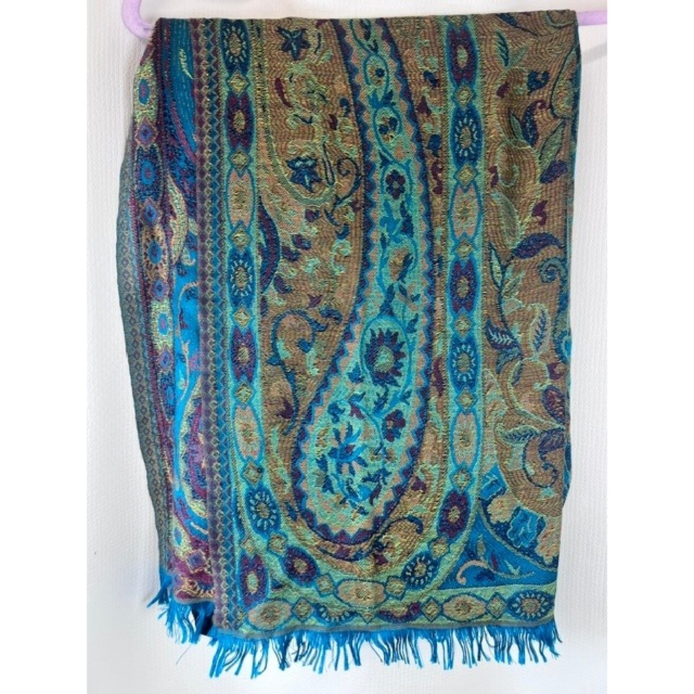 Naturally Knotty 100% Silk Jacquard Scarf Wrap TealBlue Paisley Fringe Shawl EUC - Picture 2 of 3